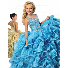 Ball Gown Square Neck Turquoise Organza Ruffle Beaded Girl Pageant Prom Dress