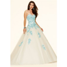 Ball Gown Strapless Champagne Tulle Blue Lace Beaded Prom Dress
