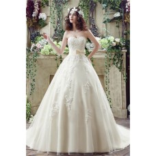 Ball Gown Strapless Corset Back Ivory Tulle Lace Wedding Dress With Bow Sash