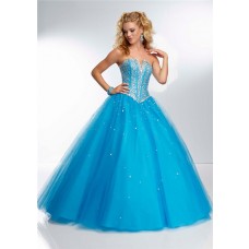 Ball Gown Strapless Corset Back Long Blue Tulle Beaded Prom Dress
