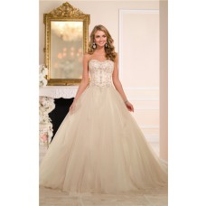 Ball Gown Strapless Drop Waist Champagne Colored Satin Tulle Corset Wedding Dress 