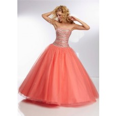 Ball Gown Strapless Long Coral Tulle Beaded Crystal Prom Dress Corset Back