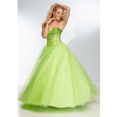 Ball Gown Strapless Sweetheart Corset Back Long Lime Green Tulle Beaded Prom Dress 