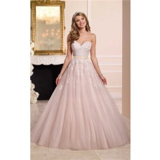 Ball Gown Strapless Sweetheart Dusty Pink Tulle Lace Wedding Dress Gold Sash