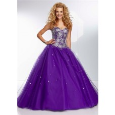 Ball Gown Strapless Sweetheart Long Deep Purple Tulle Beaded Prom Dress