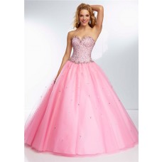 Ball Gown Strapless Sweetheart Neckline Pink Tulle Beaded Prom Dress Lace Up Back