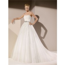 Ball Gown Strapless Tulle Lace Applique Beaded Wedding Dress With Crystals Sash