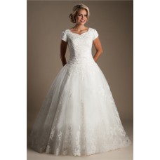 Ball Gown Sweetheart Cap Sleeve Lace Beaded Modest Wedding Dress