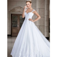 Ball Gown Sweetheart Cap Sleeve Straps Tulle Lace Wedding Dress Sheer Back Buttons