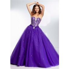 Ball Gown Sweetheart Corset Back Deep Purple Satin Tulle Beaded Prom Dress