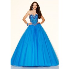 Ball Gown Sweetheart Drop Waist Corset Blue Tulle Beaded Prom Dress