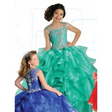 Ball Gown Sweetheart Green Organza Ruffle Beaded Girl Pageant Dress With Straps