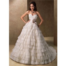 Ball Gown Sweetheart Layered Organza Ruffle Wedding Dress With Ribbon Sash