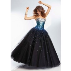 Ball Gown Sweetheart Long Black Tulle Silver Turquoise Blue Ombre Beaded Prom Dress 