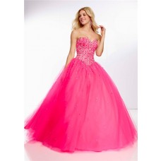 Ball Gown Sweetheart Long Hot Pink Tulle Beaded Prom Dress Corset Back