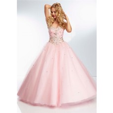 Ball Gown Sweetheart Neckline Light Baby Pink Tulle Beaded Crystal Prom Dress 
