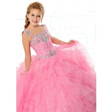 Ball Gown Sweetheart Pink Organza Ruffle Beaded Girl Pageant Prom Dress