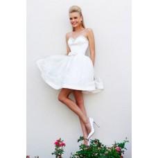 Ball Gown Sweetheart Short White Satin Organza Lace Beaded Prom Dress With Bow