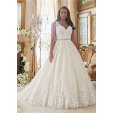 Ball Gown V Neck Sheer Back Tulle Lace Plus Size Wedding Dress Crystals Sash