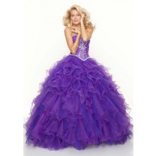 Ball Gown sweetheart floor length purple beaded organza prom dress with ruffles