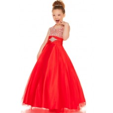 Ball Halter Red Tulle Beaded Little Flower Girl Party Prom Dress