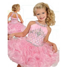 Ball Halter Short Pink Organza Ruffle Beaded Tutu Girl Pageant Party Dress