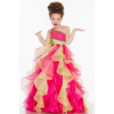Ball One Shoulder Pink Lime Green Organza Ruffle Sequin Little Girl Pageant Dress