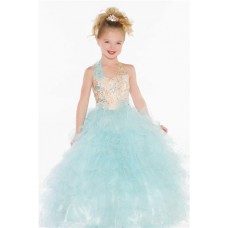 Ball Princess Halter Light Blue Puffy Tulle Beaded Flower Girl Pageant Prom Dress 