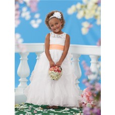 Ball Scoop White Lace Organza Ruffle Orange Sash Wedding Little Flower Girl Dress