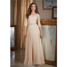 Bateau Neckline Long Champagne Chiffon Lace Mother Of The Bride Evening Dress With Sleeves