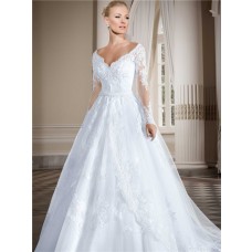 Beautiful Ball Gown Scalloped Neckline Long Sleeve Lace Wedding Dress With Belt