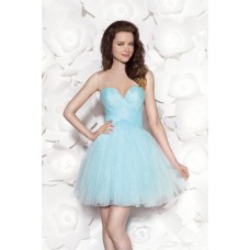 Beautiful Illusion Neckline Mini Light Blue Tulle Cocktail Prom Dress With Bows