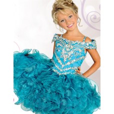 Beautiful Off The Shoulder Short Teal Organza Ruffle Puffy Girl Pageant Prom Dress