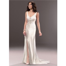 Casual Sexy Sheath Open Back Ivory Satin Wedding Dress With Pearls