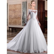 Charming Ball Gown Off The Shoulder Long Sleeve Lace Tulle Glitter Wedding Dress