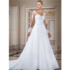 Charming V Neck Long Sleeve Lace Tulle Two In One Wedding Dress Detachable Skirt