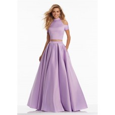 Chic A Line High Neck Two Piece Long Lilac Satin Prom Dress
