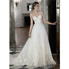 Classic A Line Strapless Low Back Lace Applique Wedding Dress With Crystals Belt