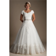 Classic Ball Gown Cap Sleeve Tulle Lace Modest Wedding Dress Detachable Crystals Sash