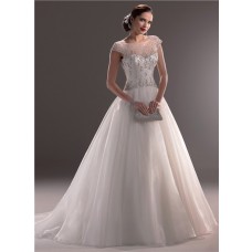 Classic Ball Gown Illusion Neckline Cap Sleeve Tulle Beaded Crystal Wedding Dress