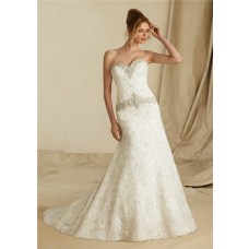 Classic Mermaid Sweetheart Lace Beaded Crystal Wedding Dress With Buttons