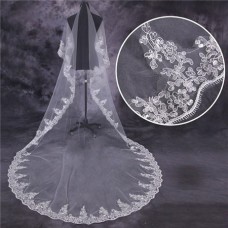 Classic One Tier Tulle Lace Long Cathedral Wedding Bride Veil With Sequins