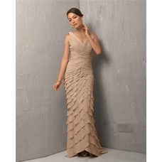 Classic Sheath V Neck Long Light Brown Chiffon Tiered Evening Dress With Straps