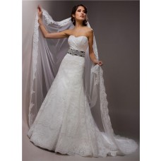 Classic Slim A Line Strapless Lace Wedding Dress With Black Ribbon Crystal Sash 