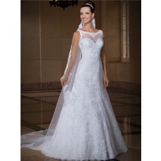 Classy A Line Bateau Neckline Sleeveless Lace Glitter Wedding Dress With Buttons