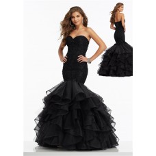 Classy Mermaid Corset Back Black Organza Ruffle Lace Beaded Prom Dress