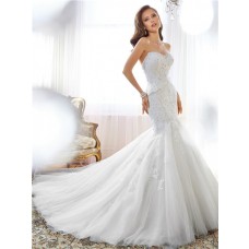 Couture Fit And Flare Mermaid Strapless Tulle Lace Beaded Corset Wedding Dress