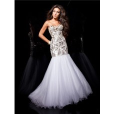 Couture Mermaid Sweetheart Long White Tulle Evening Prom Dress With Beading