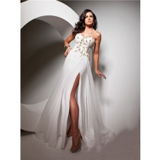 Couture Sweetheart Floor length White Chiffon Evening Prom Dress With Beading Slit