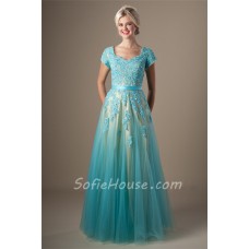 Cute A Line Long Light Blue Tulle Lace Beaded Modest Prom Dress Corset Back